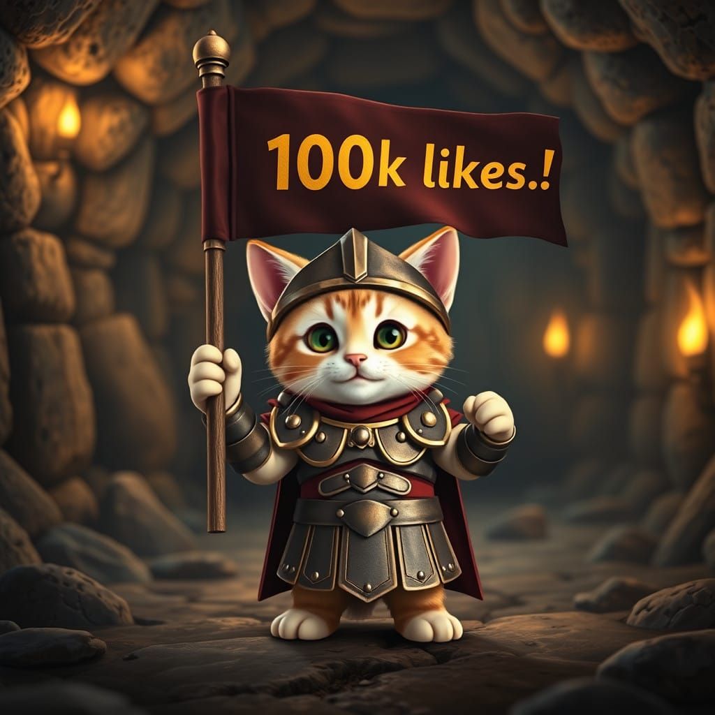 Adorable Kitty in Roman Armor Holds Flag in Mysterious Caver...