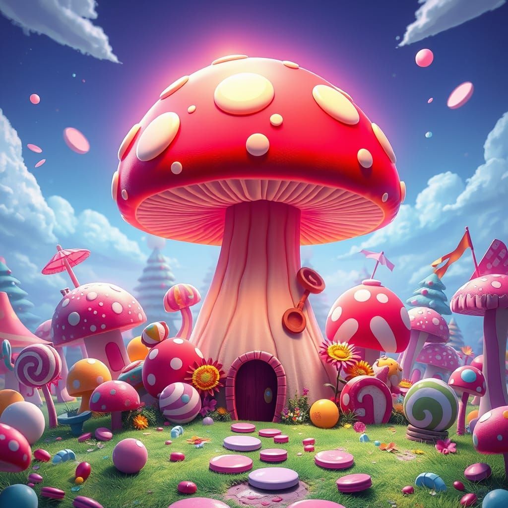 Whimsical Mushroom Cloud in a Colorful Candy Wonderland