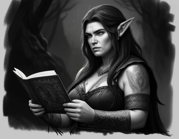Elf Barbarian Cartographer in Grayscale Fantasy Illustration