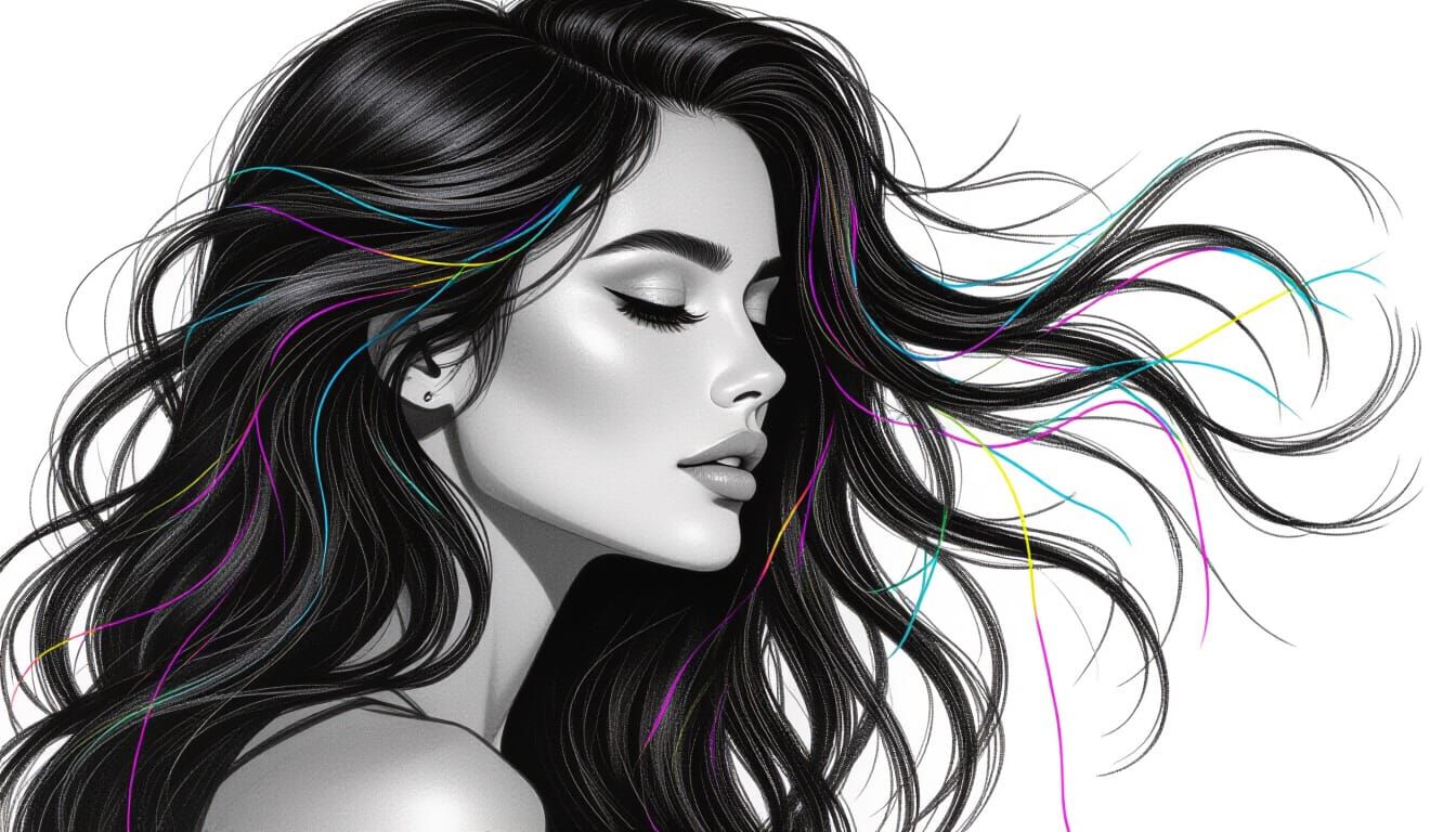 Minimalist Sketch: Woman with Braided Neon Hair