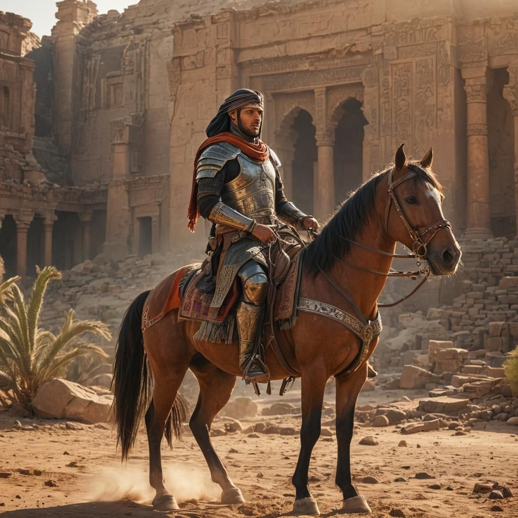 Mythic Middle-Eastern Warrior on Horseback in Desert Landsca...