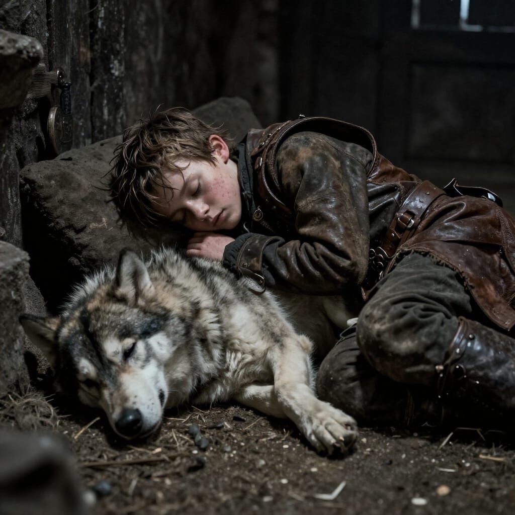 Orphan Rogue Boy Sleeps with Wolf Pup in Medieval Stable