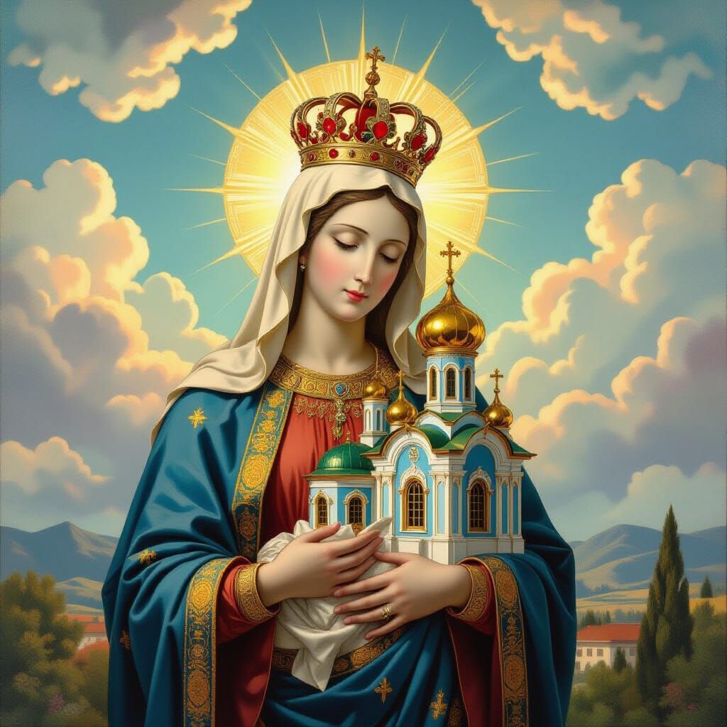 Mother of God Holds Church in Heavenly Sky