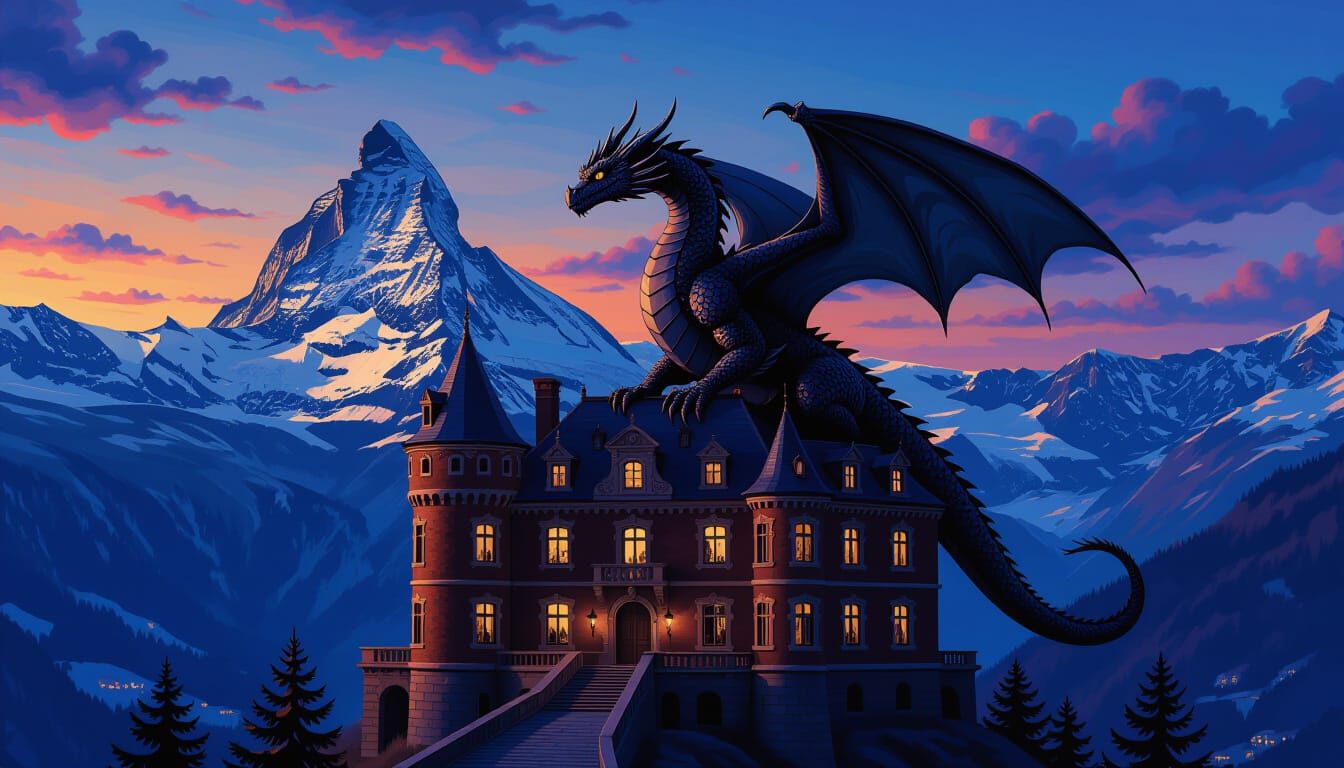 Majestic Dragon Perched on Chateau in Swiss Alps