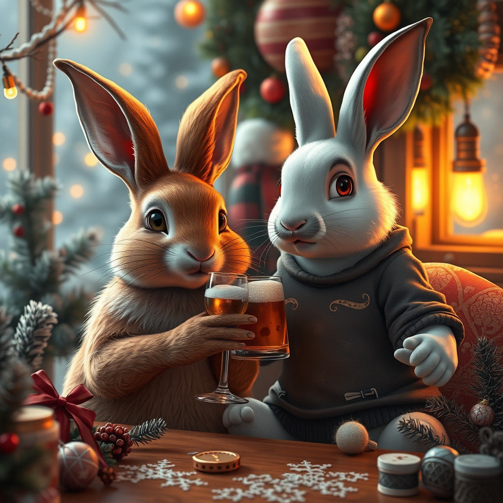 Cozy Christmas Celebrations of Two Joyful Rabbits
