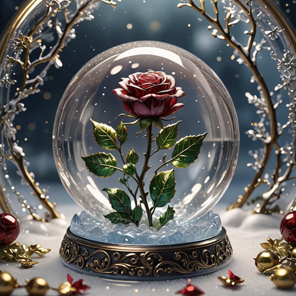 Glass Rose in Snowglobe with Glittering Details