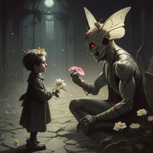 Mothman Offering Flower to Terrified Child