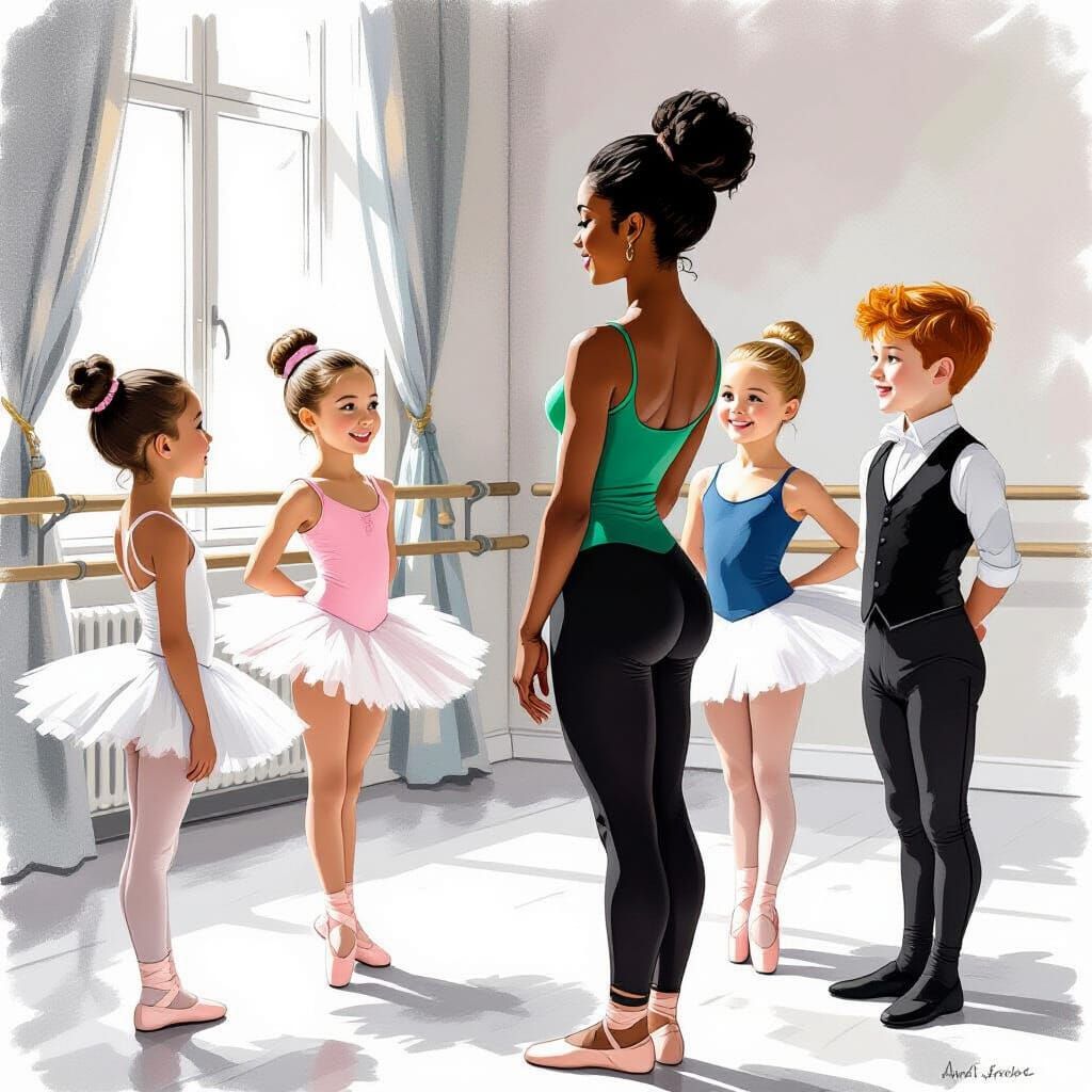 Ballet Teacher with Students: Charcoal Drawing