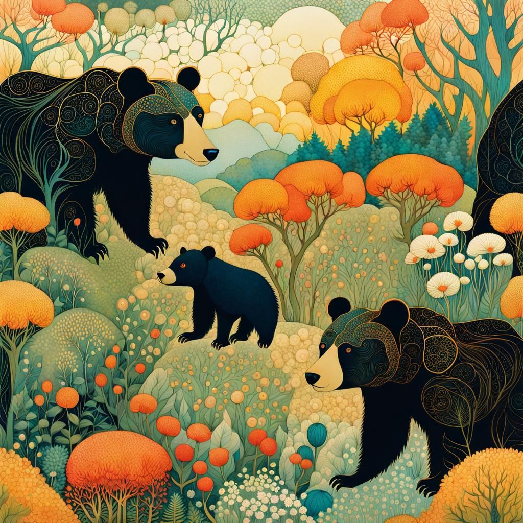 Surreal Bears in Magical Garden, Pointillism Style