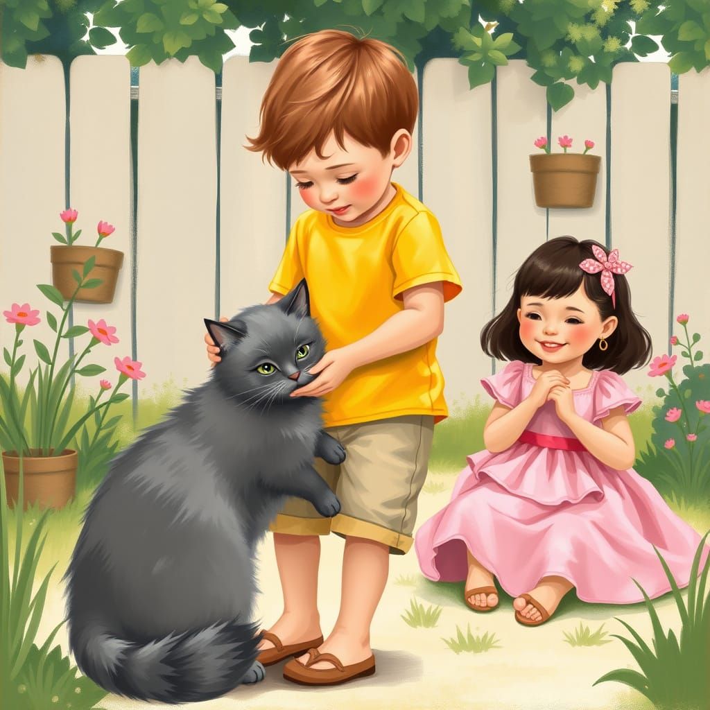 Sweet Boy Enjoys Whimsical Backyard Playtime with Feline Fri...
