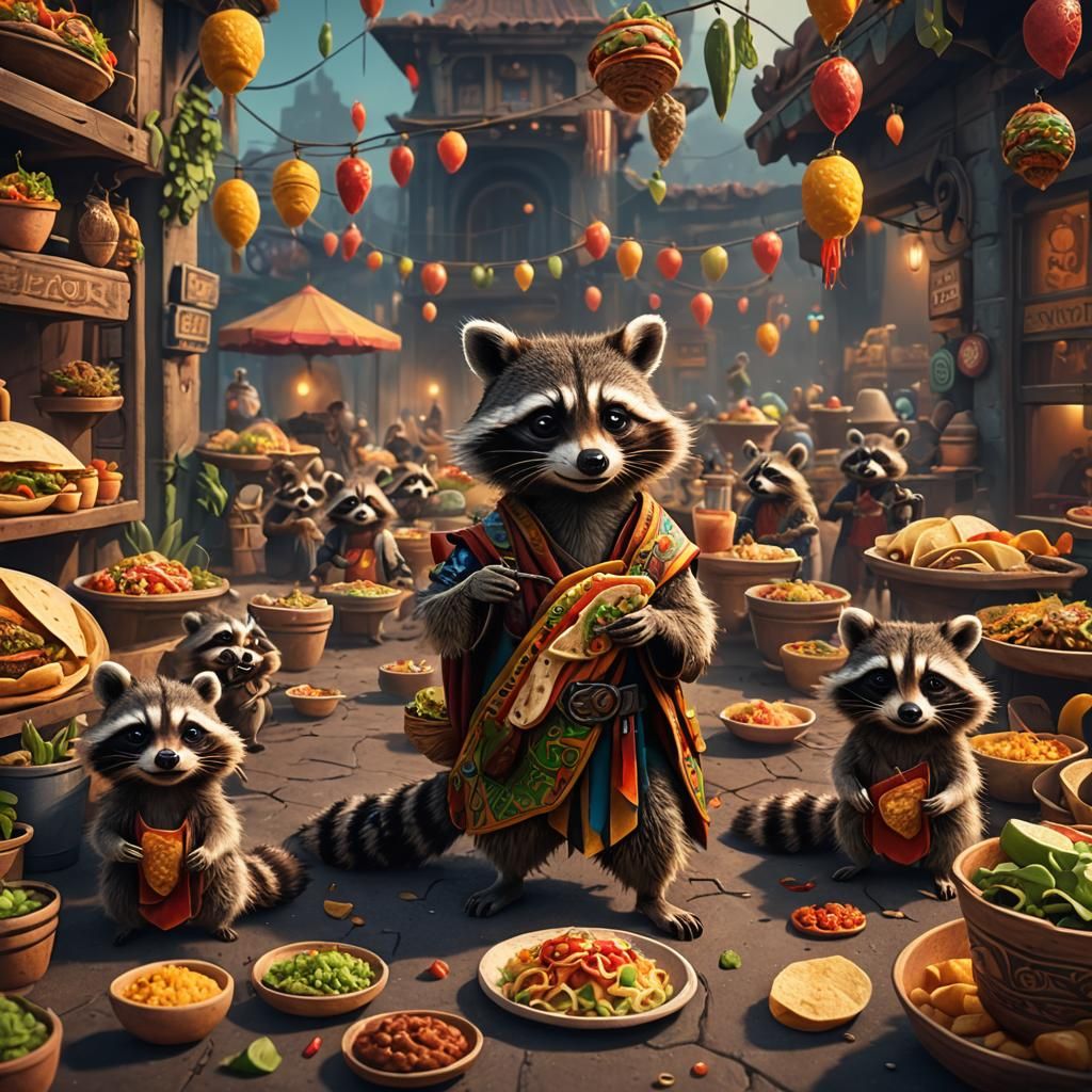 Raccoon Awaits Tacos: Detailed Fantasy Concept Art