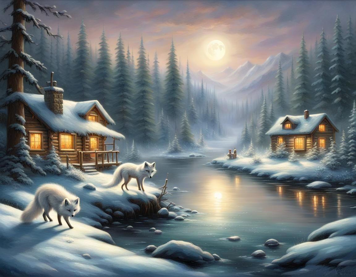 Snowy River Scene with Arctic Foxes