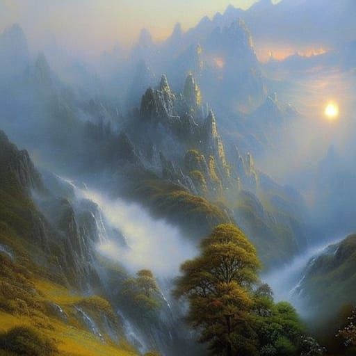 Ethereal Misty Mountains in Fantasy Style