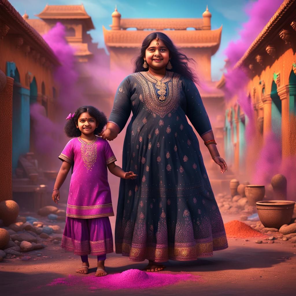 Indian Sisters Celebrate Holi: Detailed Matte Painting