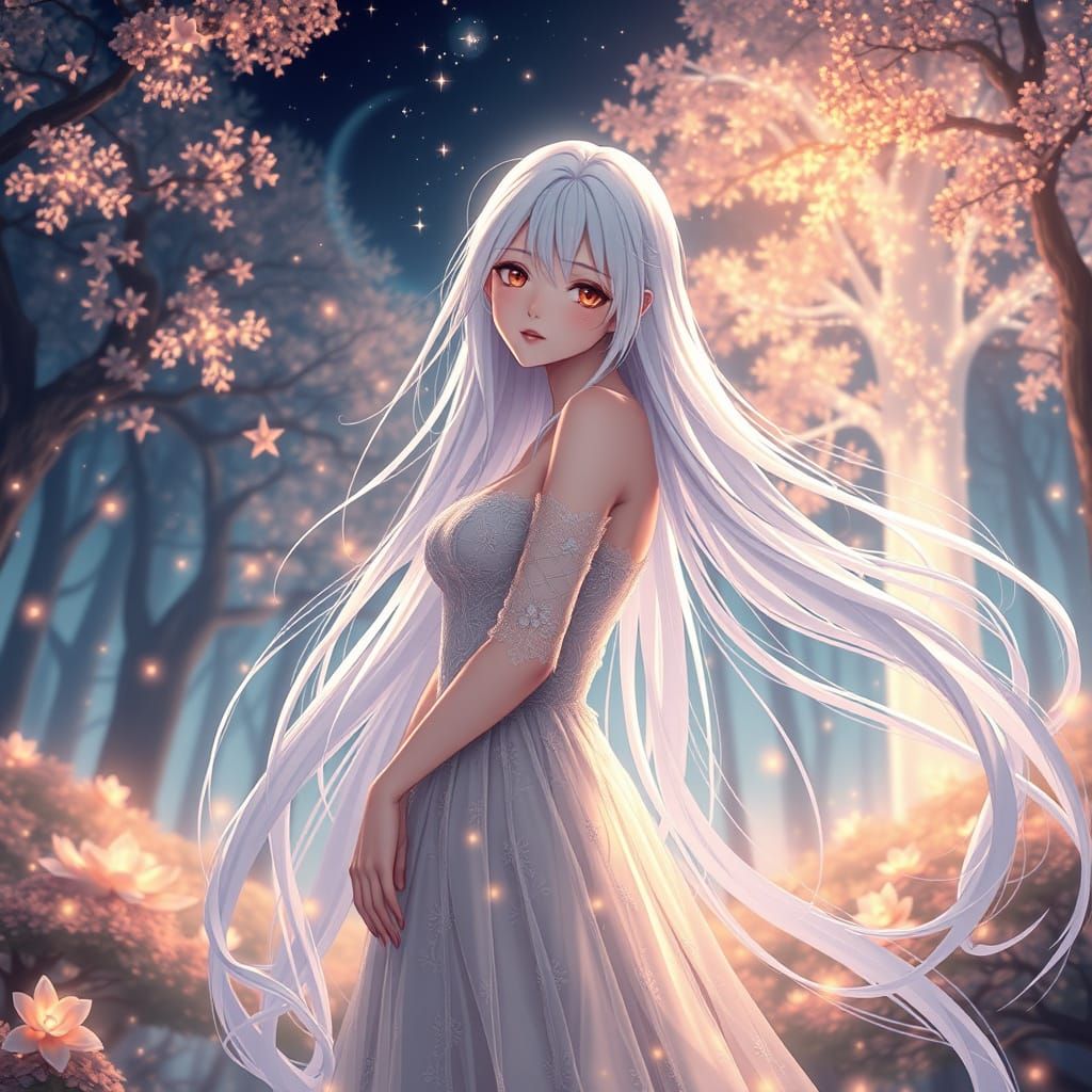 Anime Woman in Mystical Glowing Forest