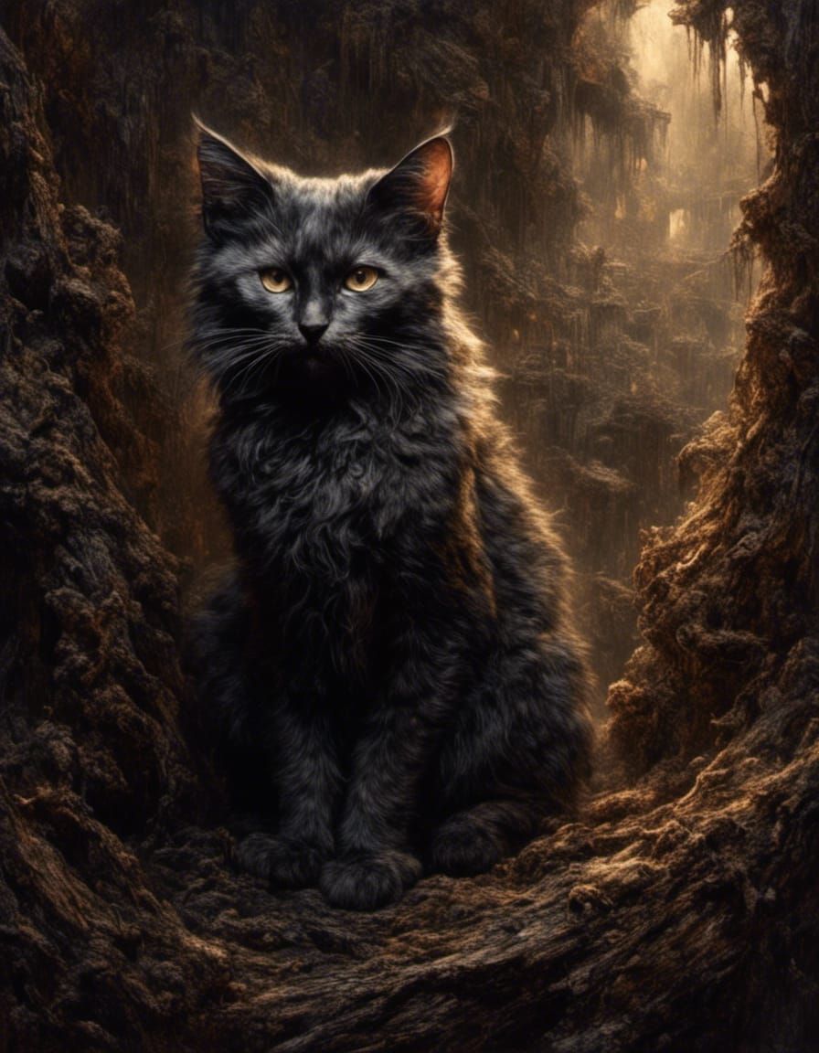 Emotional Lykoi Cat in Decaying Tree Den