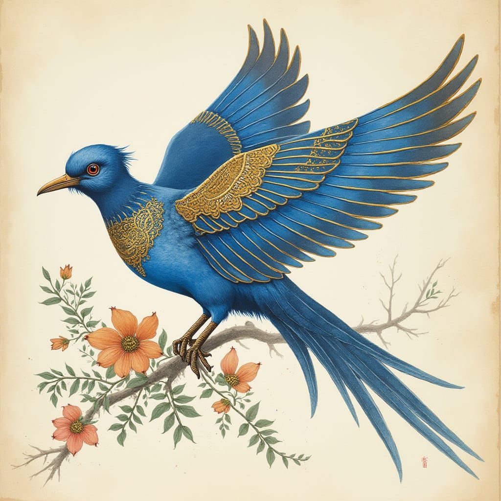 Blue Bird in Flight: Persian Miniature Painting