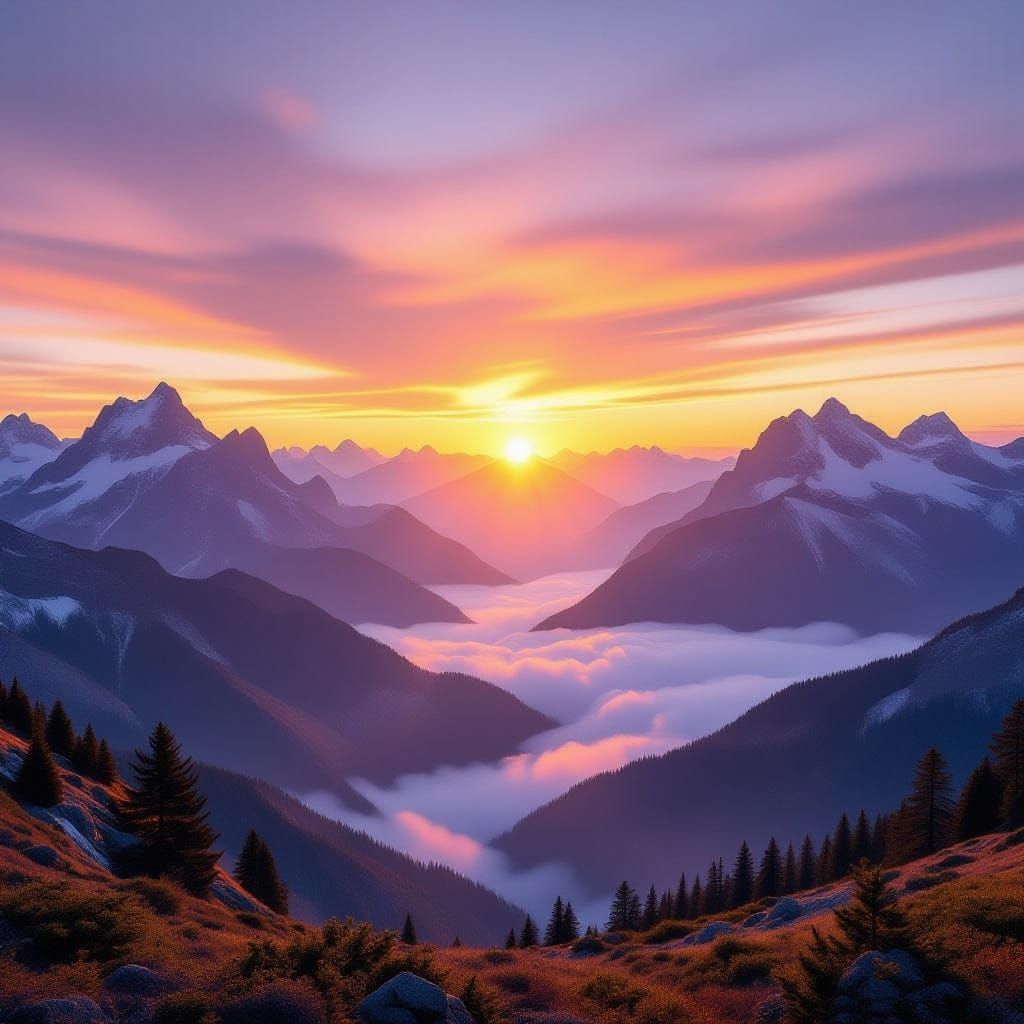 Sunrise Over Misty Mountains in Golden Light