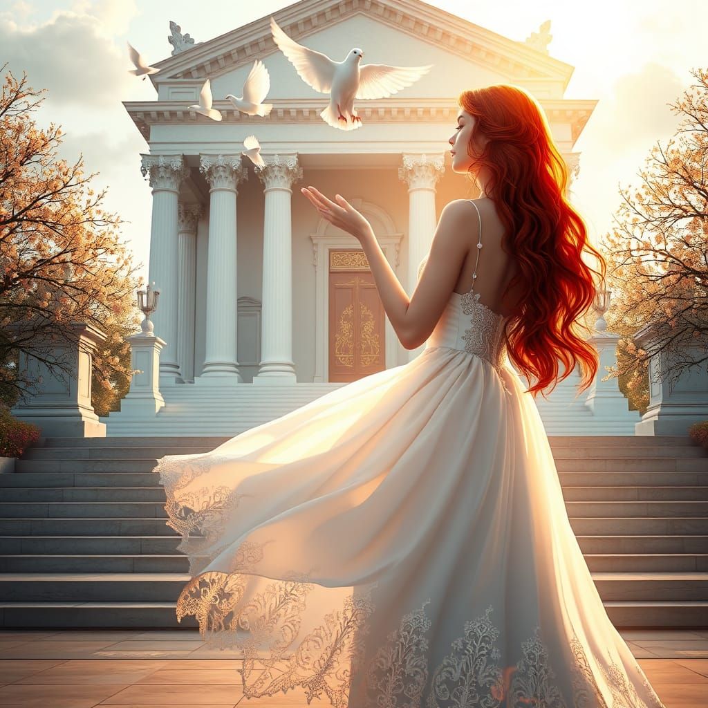 Ethereal Goddess in White Gown with Flickering Flames