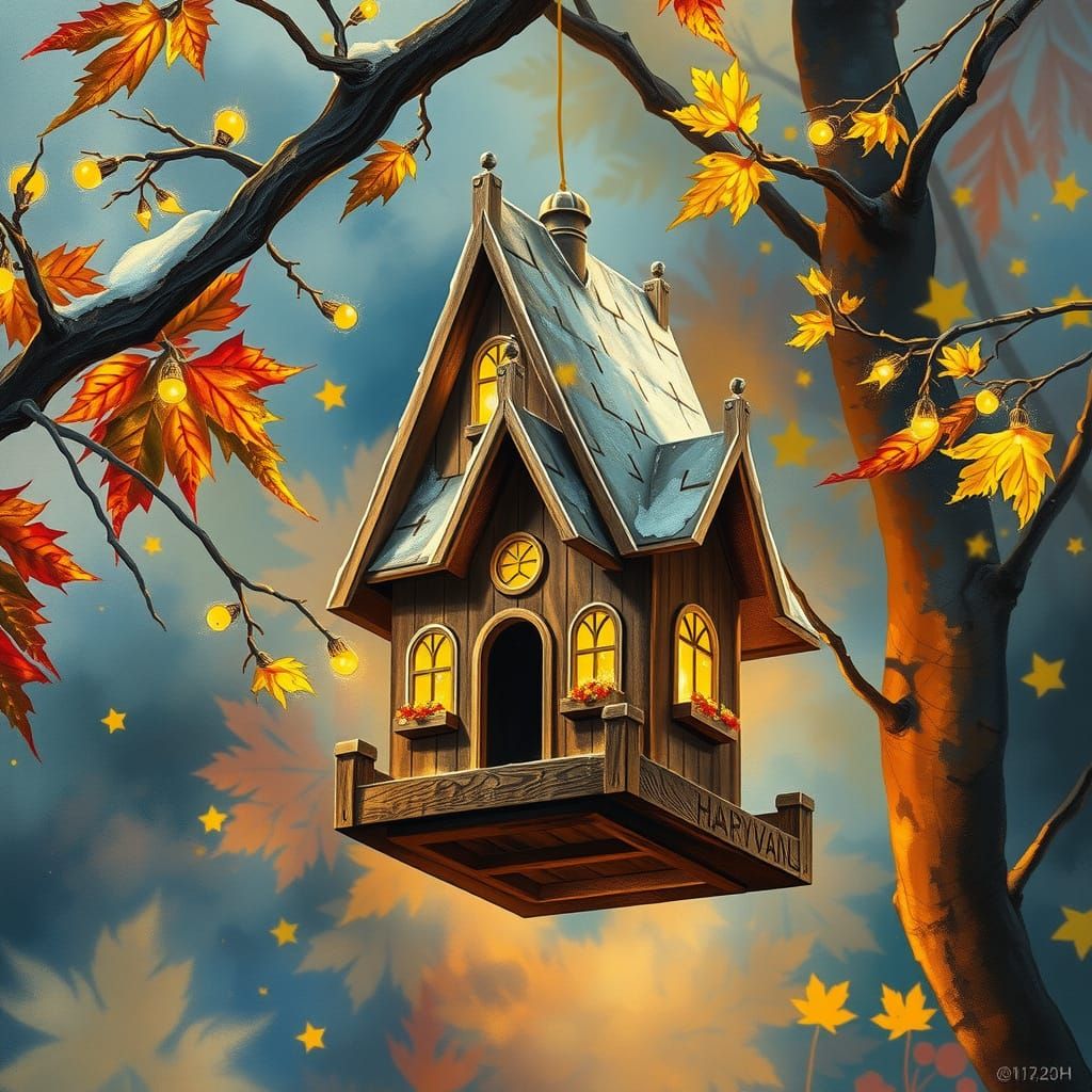 Castle Birdhouse in Gouache Style with Yellow Lights