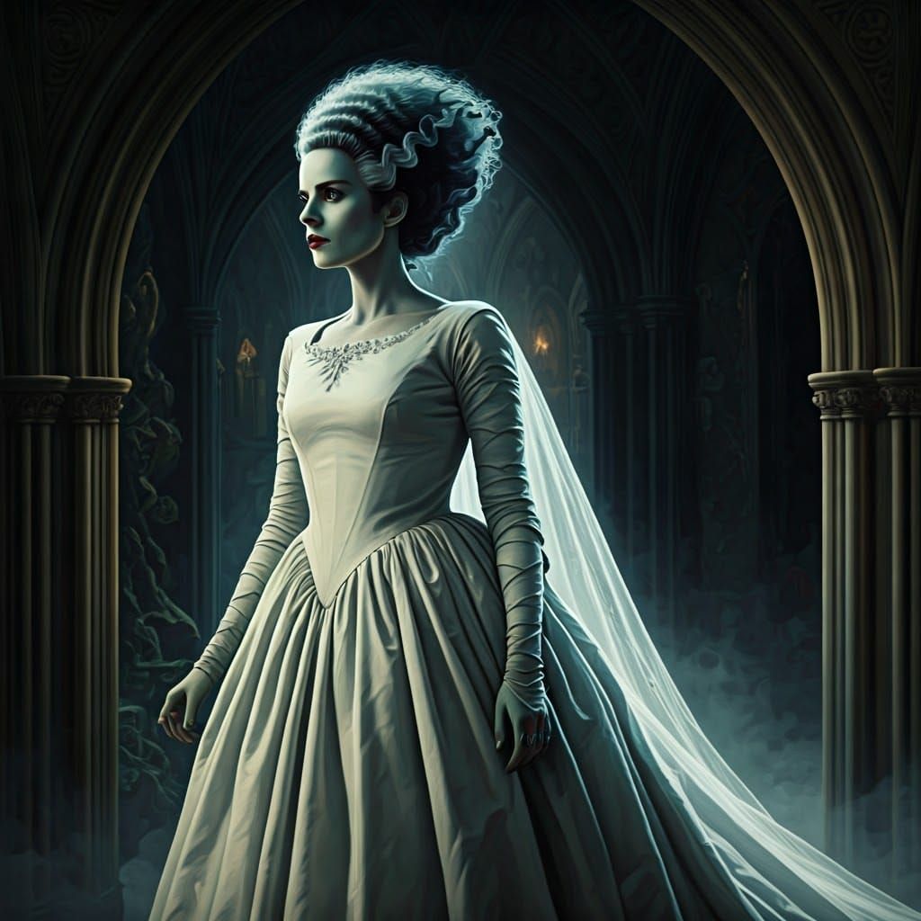 Pre-Raphaelite Bride of Frankenstein in White Wedding Gown