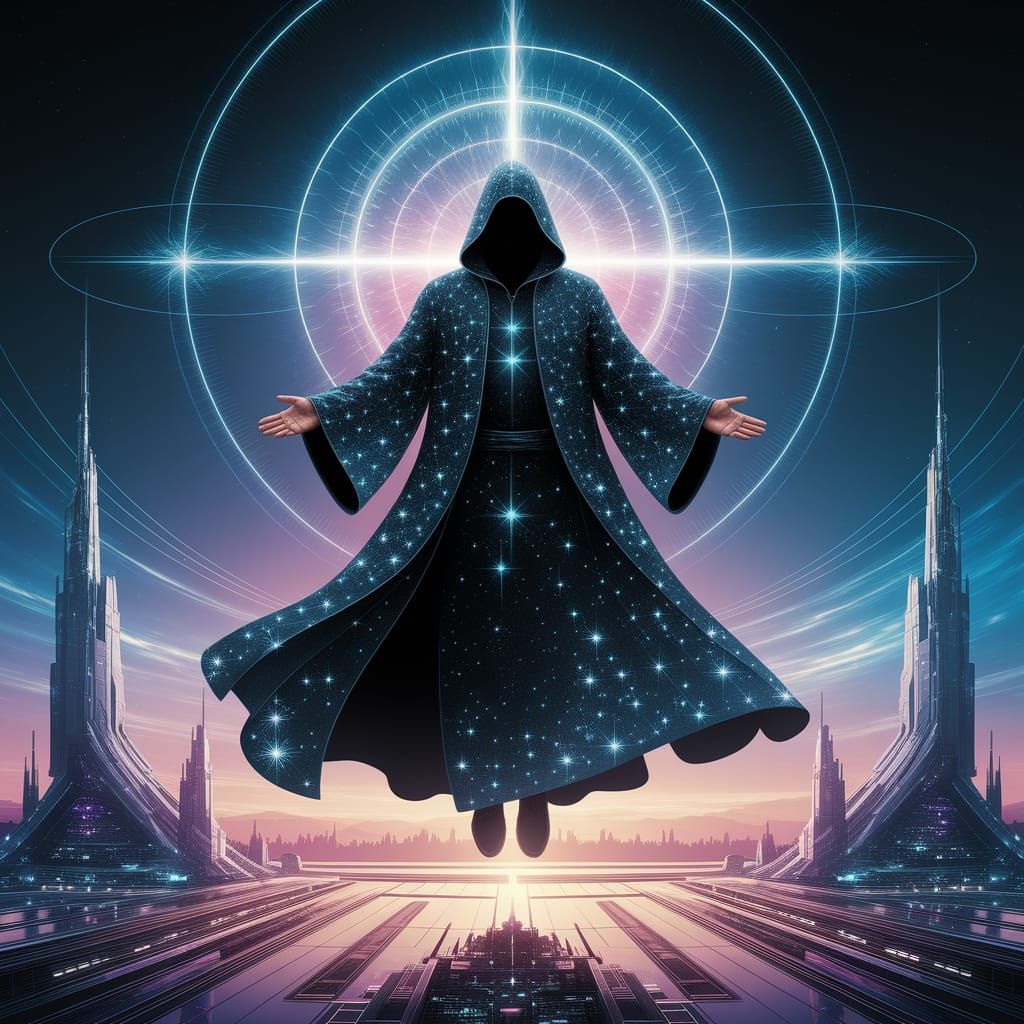 Astral Figure Hovers Over Futuristic City