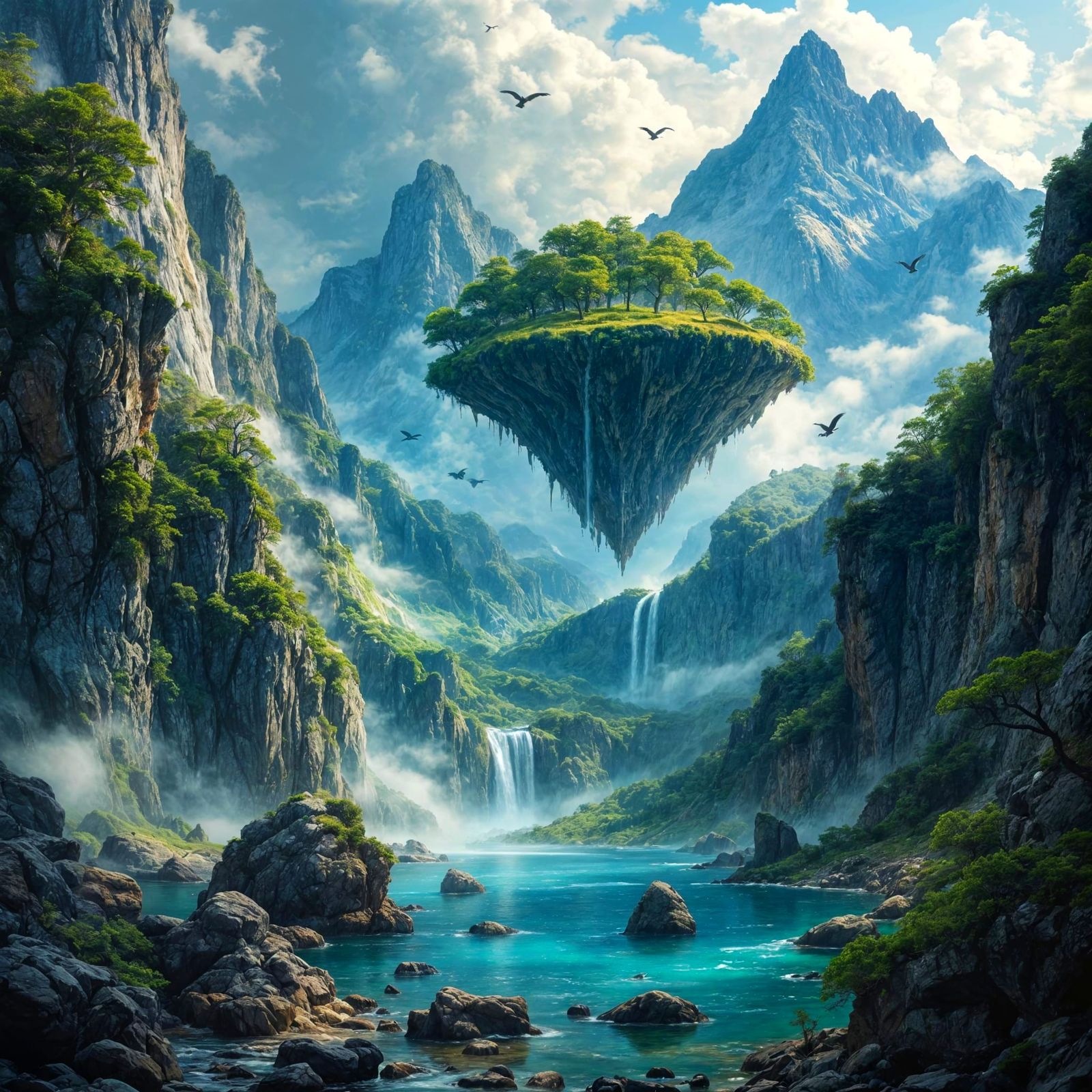 Dragons and Hydra in Mountain Landscape