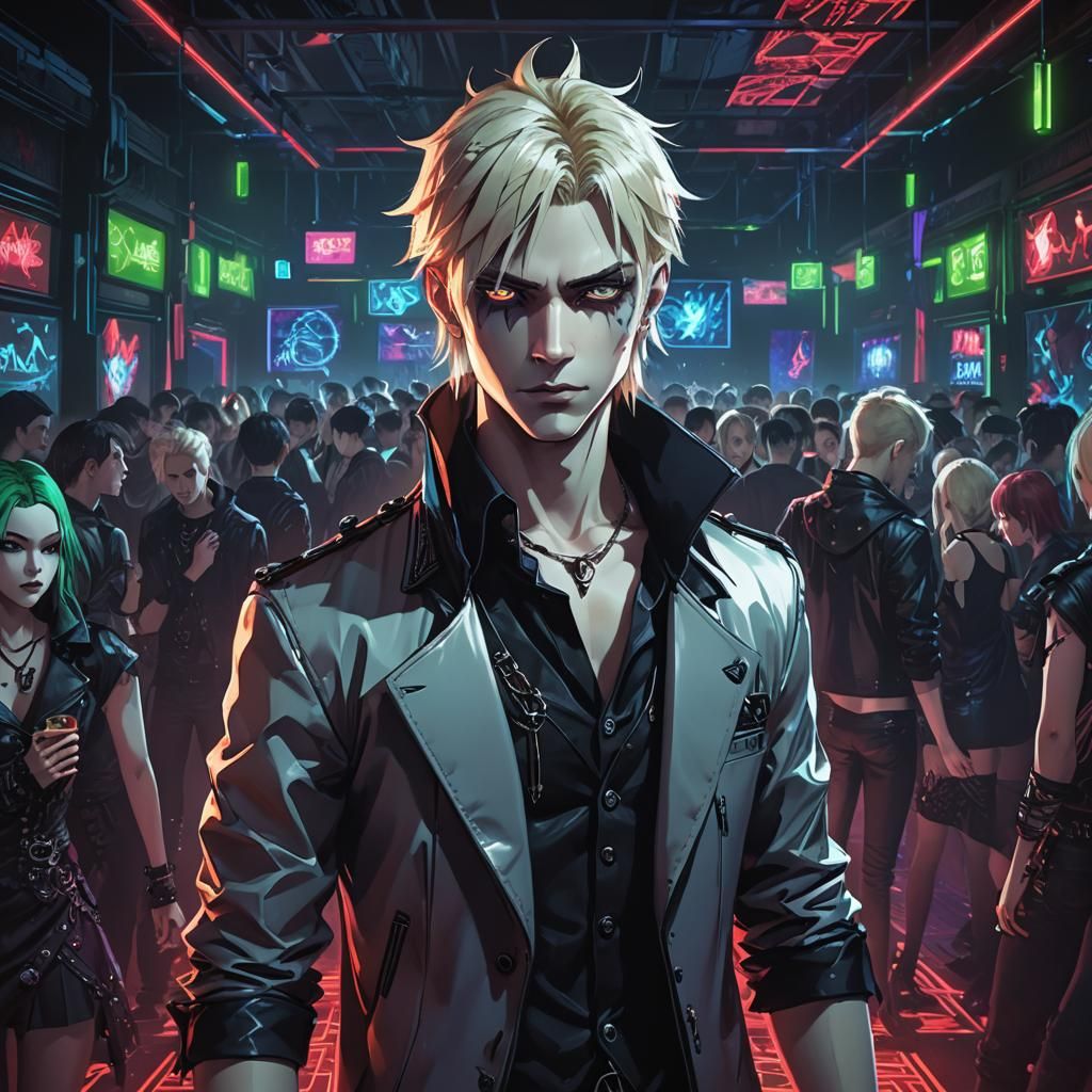 Handsome Vampire in Neon Cyberpunk Anime Club