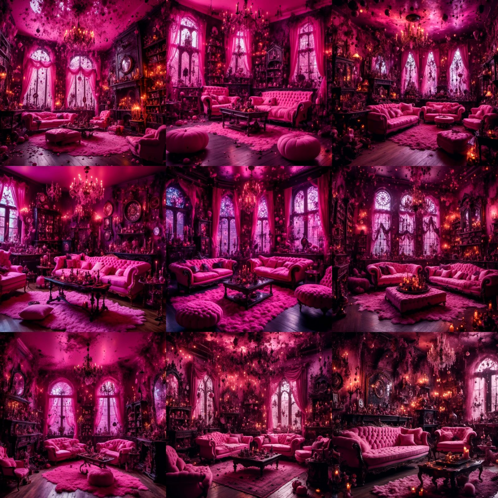 Pink Gothic Witchy Living Room in Hyperreal Detail