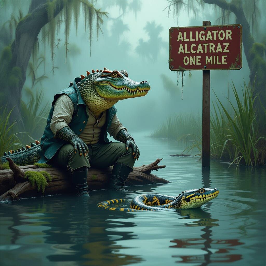 Alligator in Everglades with Python, Surreal Art