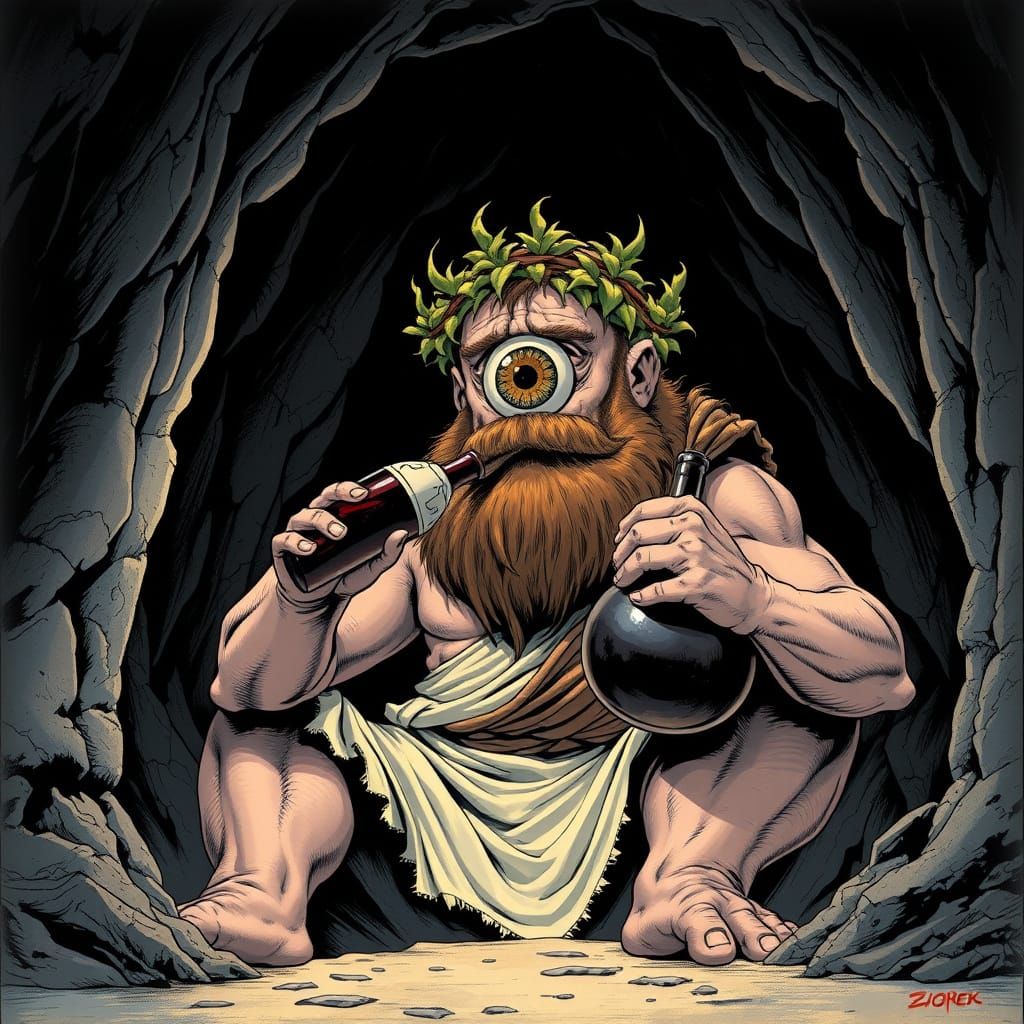 Gigantic Cyclops Drinks Wine in a Vibrant Comics Style