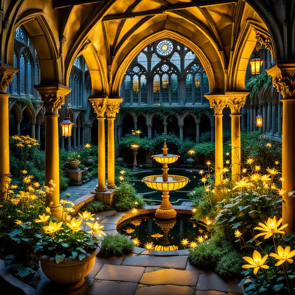 Enchanted Cloister Garden at Night in Maximalist Style