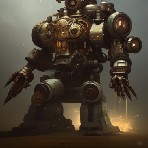 Steampunk Mech Firing Turrets: Hyperdetailed Concept Art