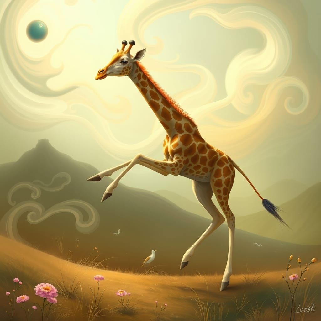 Whimsical Giraffe Dancing in Dreamlike Landscape