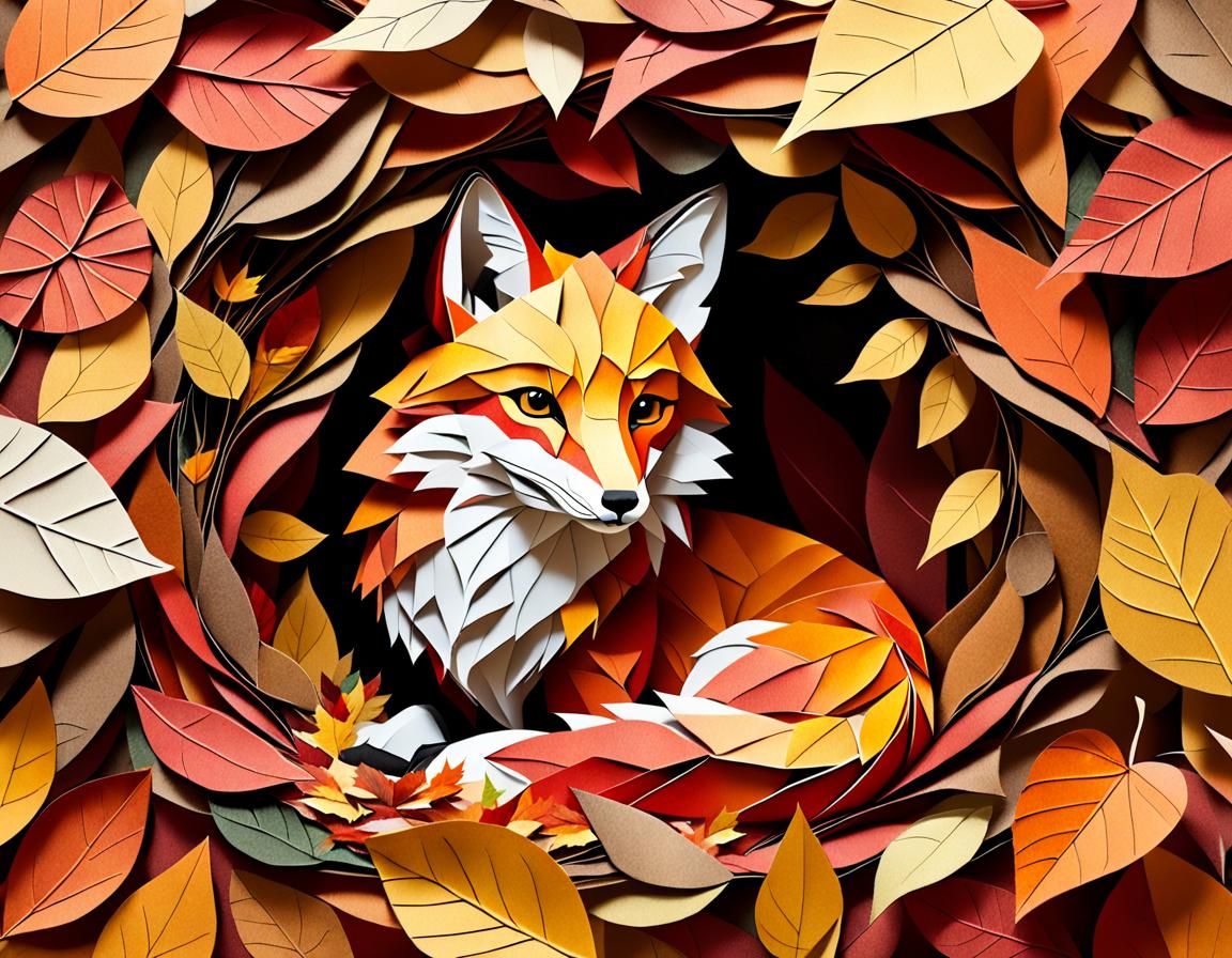 Autumn Paper Fox in Cozy Leaf Den