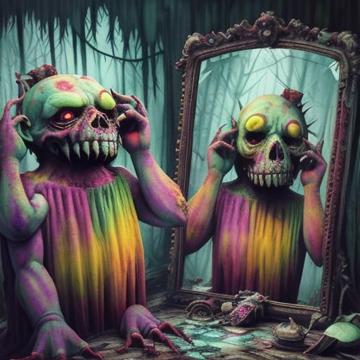 Macabre Monster Reflection in Glitch Art Style
