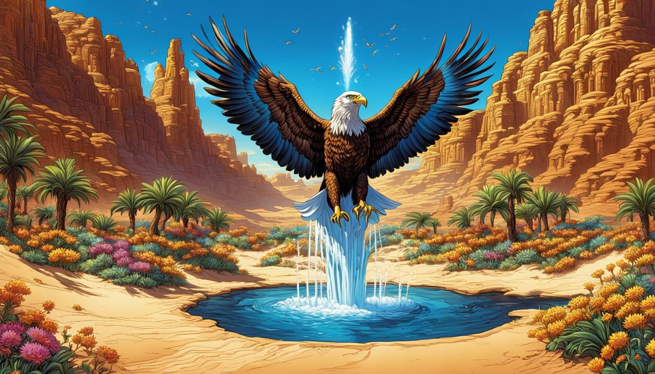 Eagle Fountain Oasis Under Blue Sky