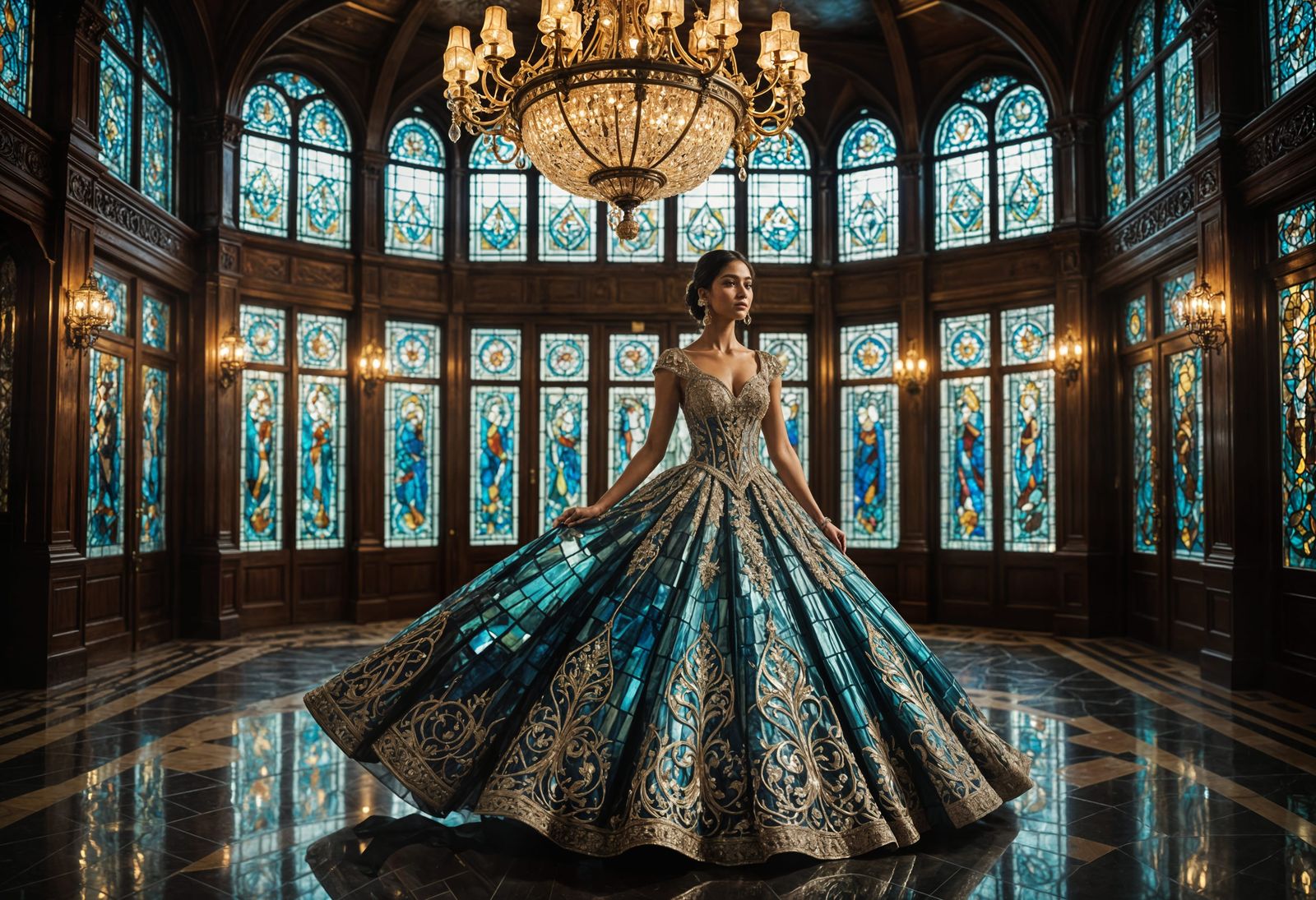 Elegant South Asian Woman in Stained Glass Gown