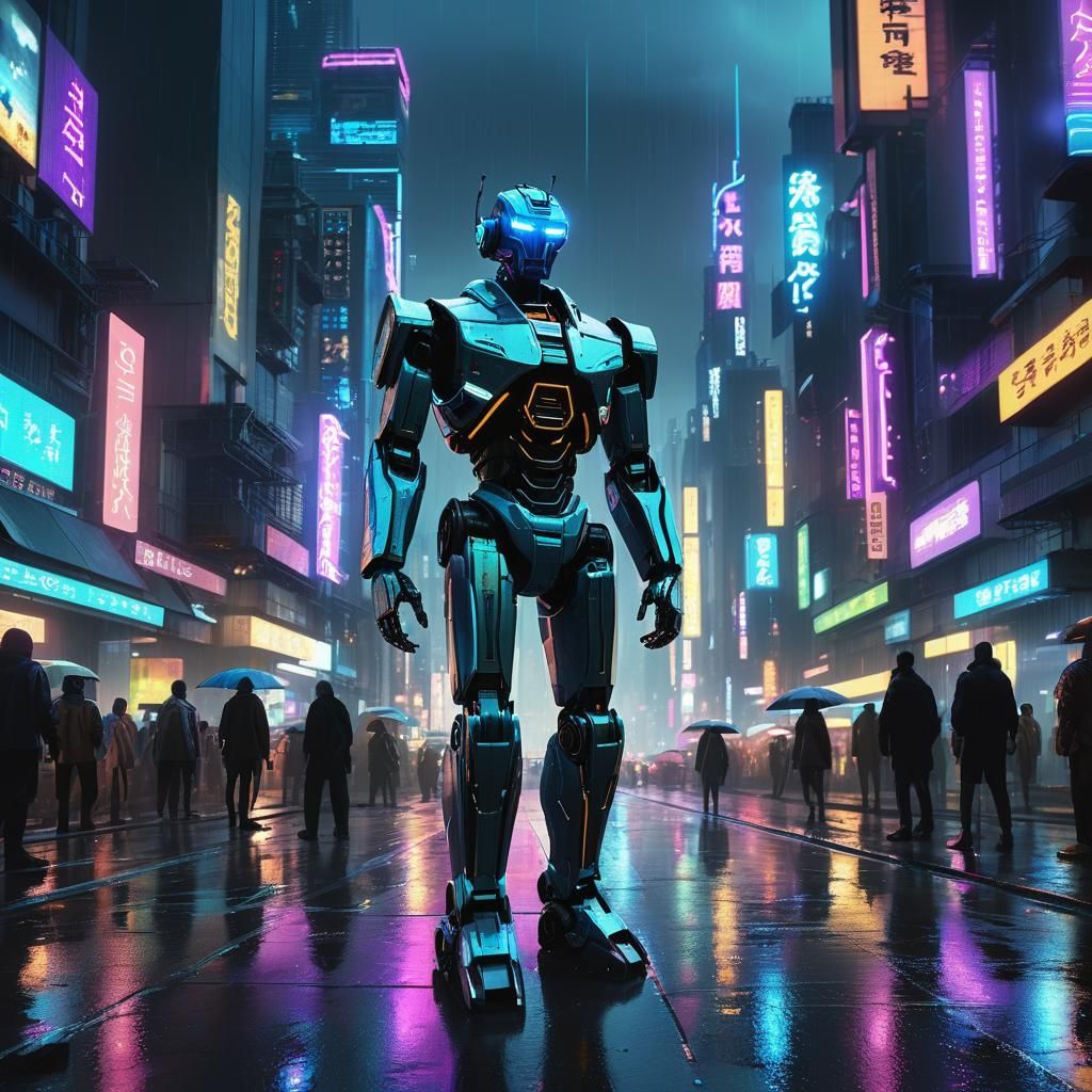 Cyberpunk Robot in Neon Cityscape
