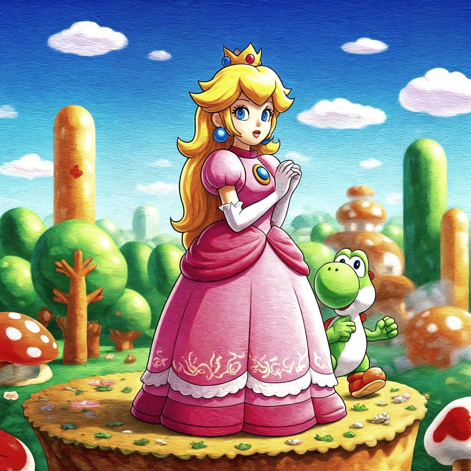 Princess Peach and Yoshi in Crosshatch Colour Pencil Drawing