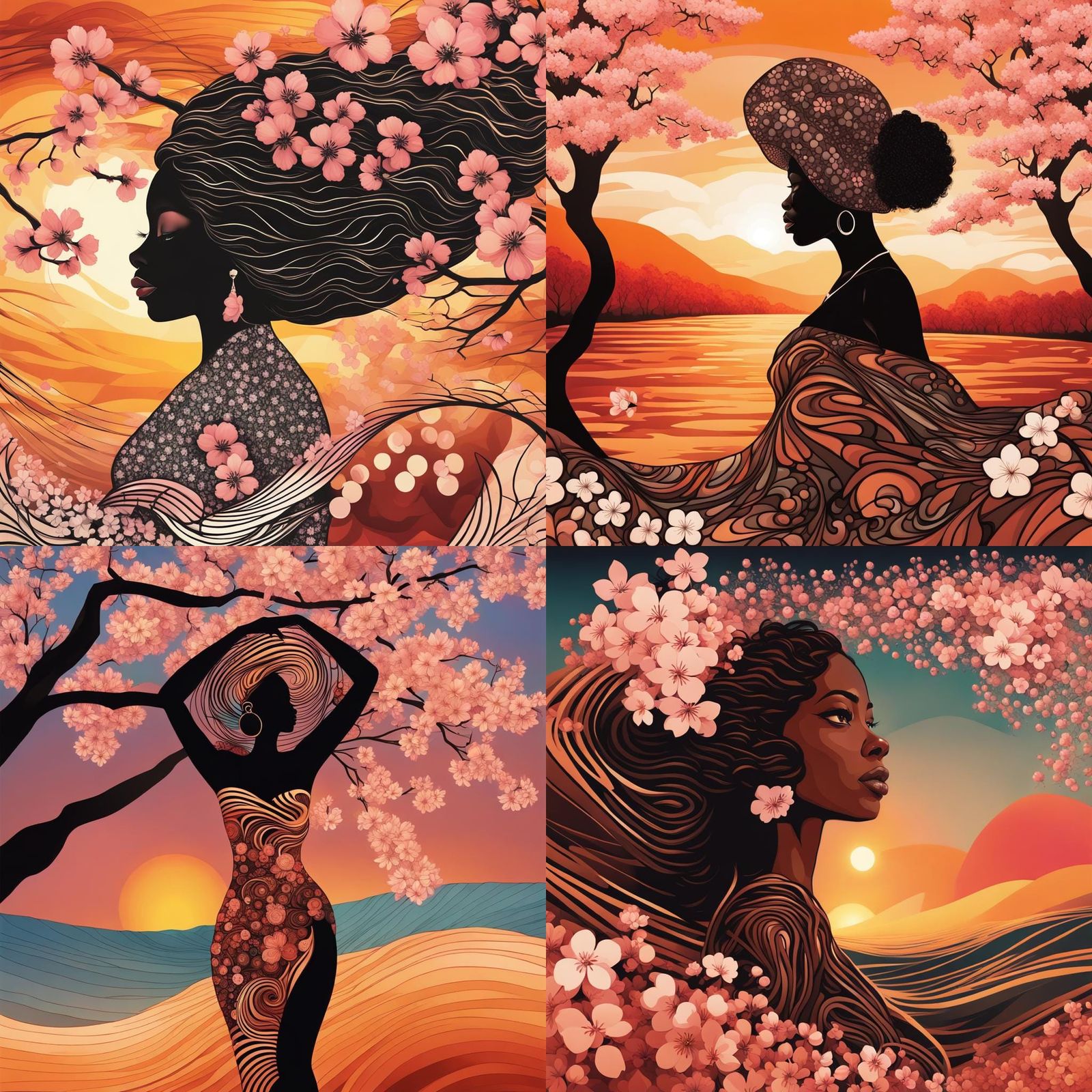Black Woman in Cherry Blossoms Field at Sunset