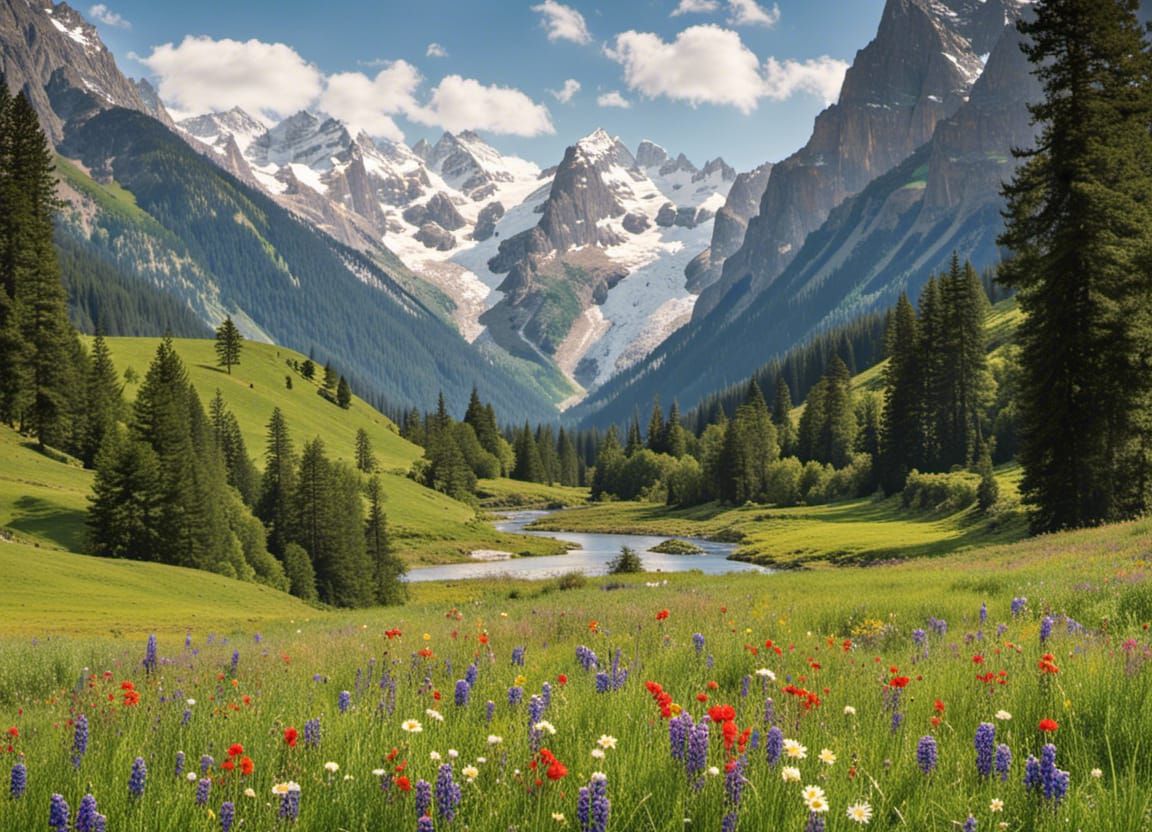 Alpine Valley: A Hyperrealistic Mountain Landscape