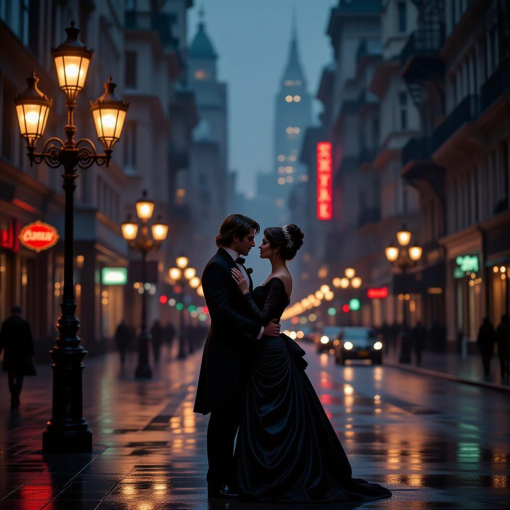 Victorian Lovers in Rainy City Night