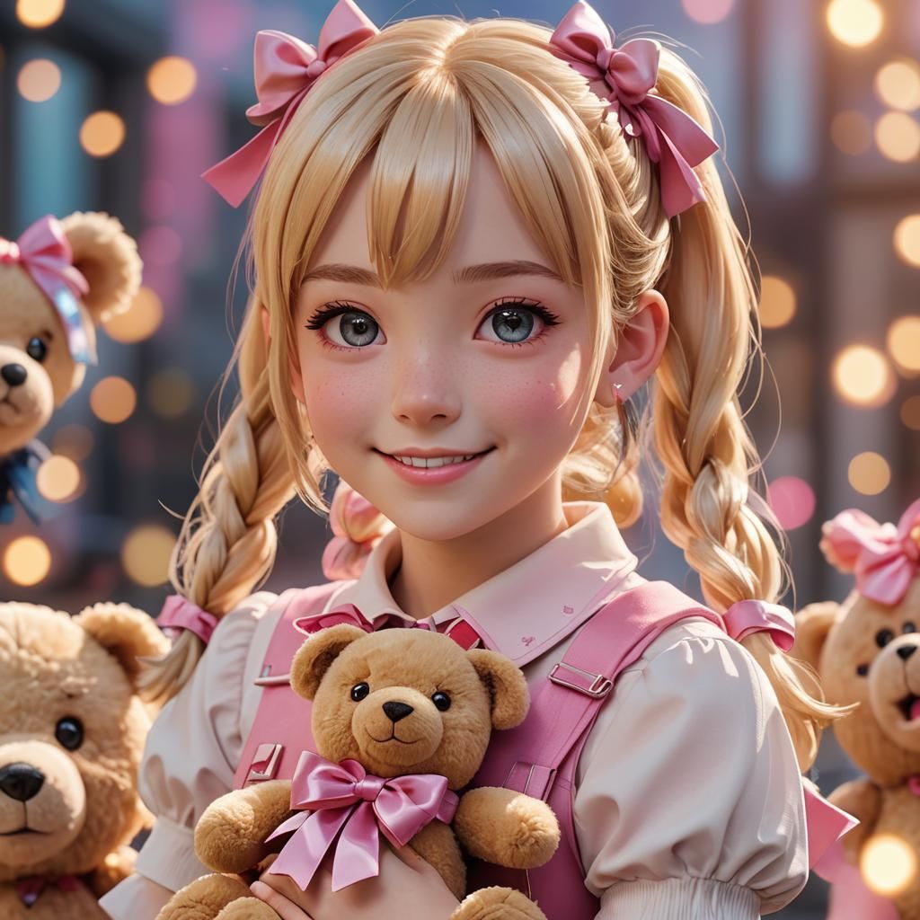 Anime Girl with Teddy Bear in 3D Render