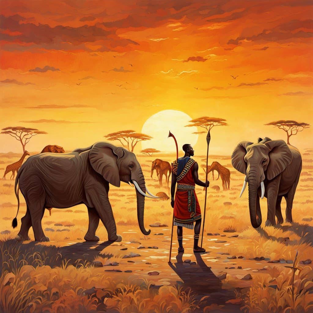 Maasai Warrior in Golden Savanna: Surreal Oil Painting