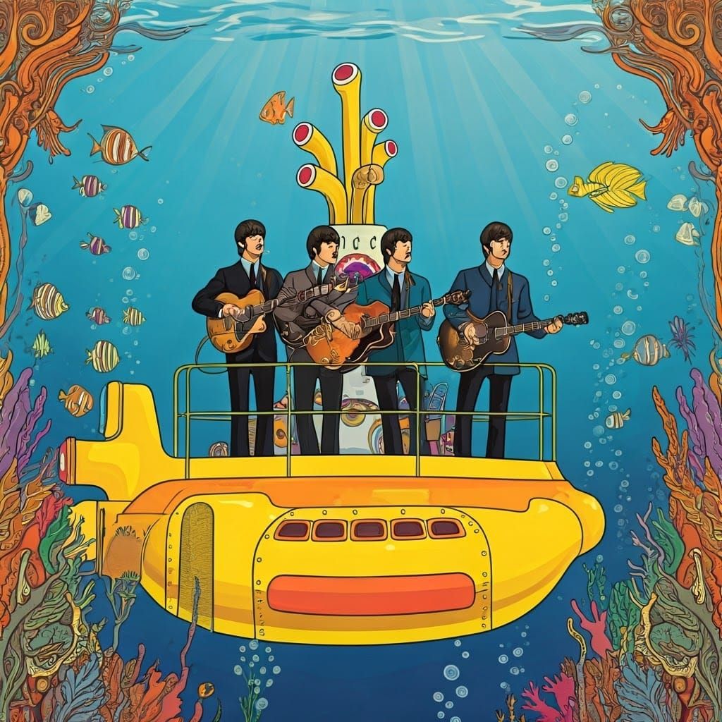 The Beatles on a Yellow Submarine in Psychedelic Art Style