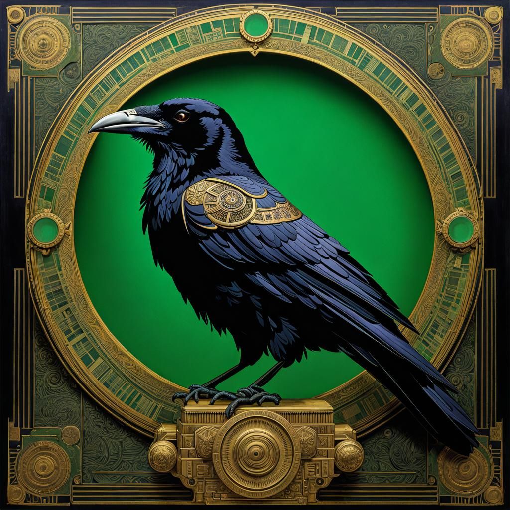Raven with Geometric Background in Mixed Media Style