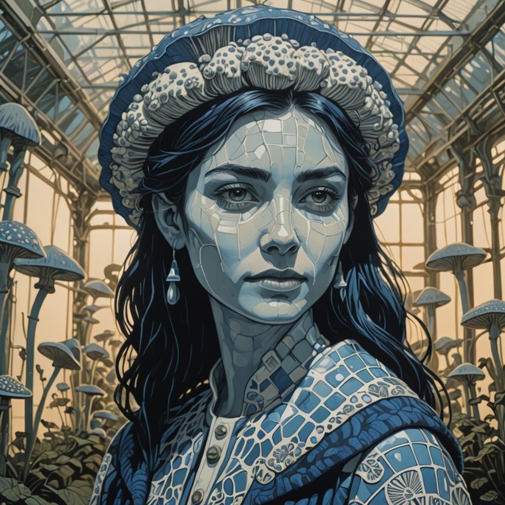 Futuristic Greenhouse: Activists Tending Glowing Mushrooms a...