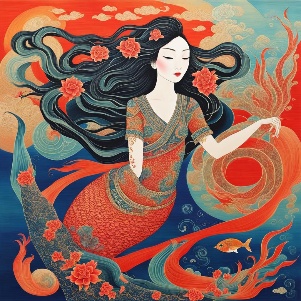 Abstract Chinese Mermaid Art in Complementary Colors