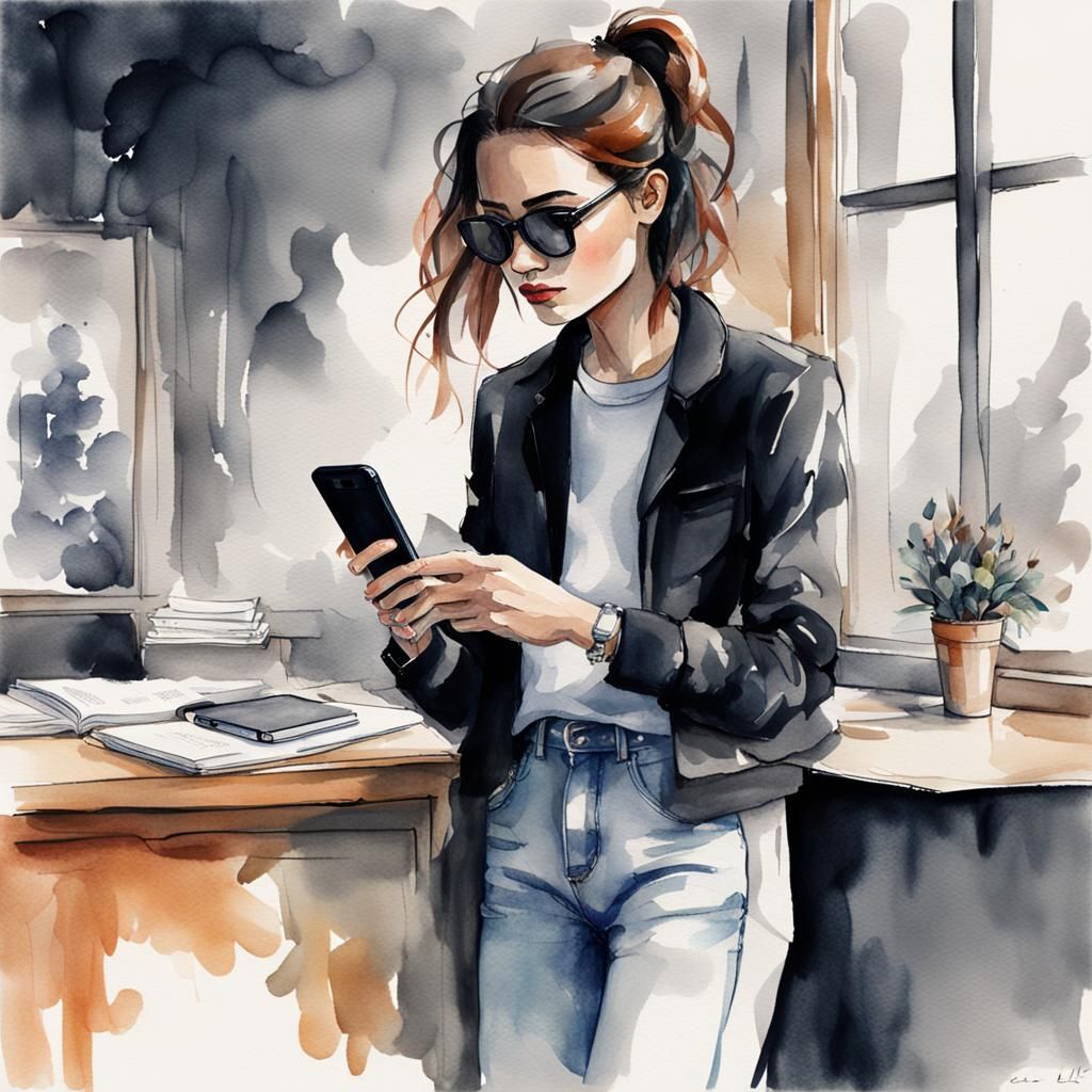 Watercolor Portrait of a Black Female Student with Phone